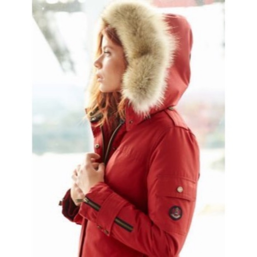 Pendleton Red Trench Coat with Fur Hood